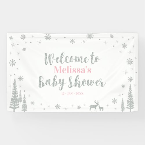 Silver Pink Winter Wonderland Baby Shower Welcome Banner