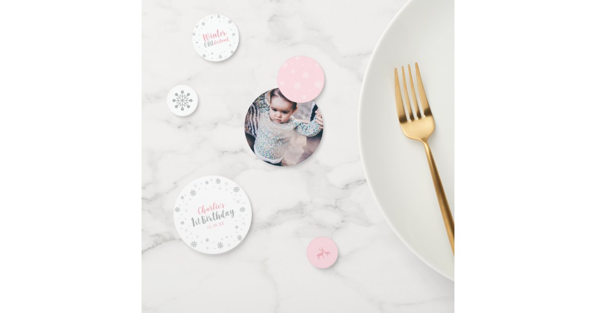 Silver Pink Winter Wonderland Girl 1st Birthday Confetti Zazzle Com