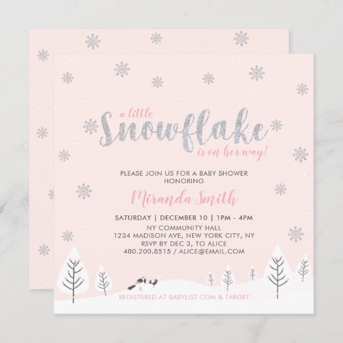 Silver  Pink Winter Wonderland Girl Baby Shower I Invitation