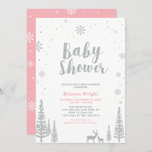 Silver  Pink Winter Wonderland Girl Baby Shower Invitation