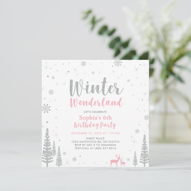 Silver, Pink Winter Wonderland Girl Birthday Party Invitation (Standing Front)