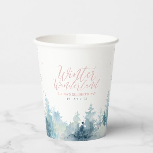 Silver  Pink Winter Wonderland Kids Birthday Paper Cups