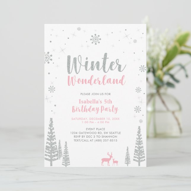 Silver, Pink Winter Wonderland Kids Birthday Party Invitation (Standing Front)