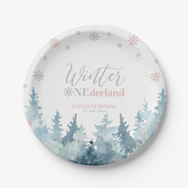 Silver & Pink Winter Wonderland Snow 1st Birthday Paper Plates (Front)