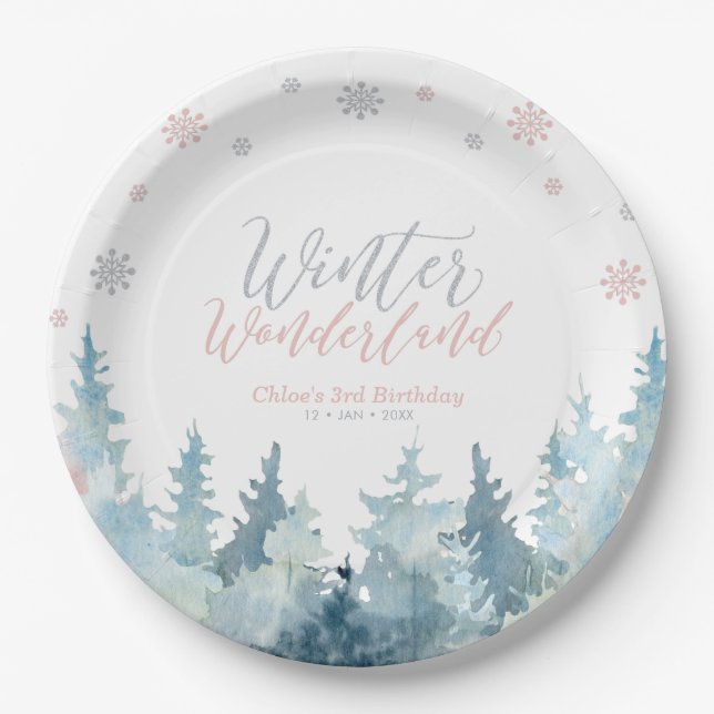 Silver & Pink Winter Wonderland Snowflake Birthday Paper Plates (Front)