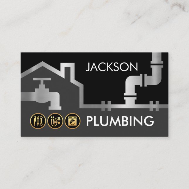 Silver Pipes Building Frame Plumber Service Business Card (Front)