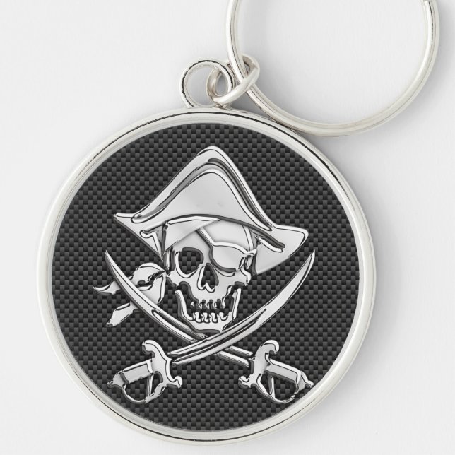 Silver Pirate on Black Carbon Fiber Decor Keychain (Front)