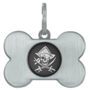 Silver Pirate on Black Carbon Fiber Decor Pet ID Tag