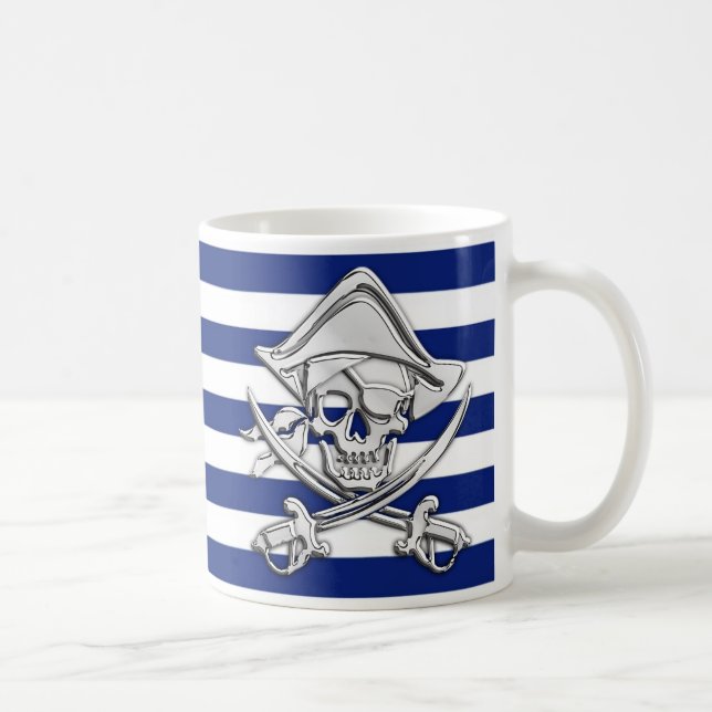 Silver Pirate on Nautical Stripes Coffee Mug (Right)