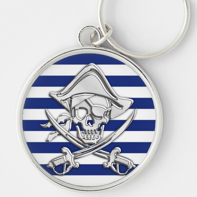 Silver Pirate on Nautical Stripes Keychain (Front)