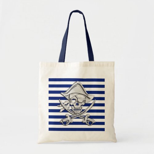 Silver Pirate on Nautical Stripes Tote Bag