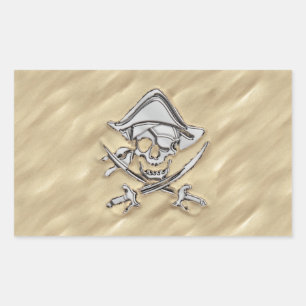 Silver Pirate Skull in the Sand Decor Rectangular Sticker