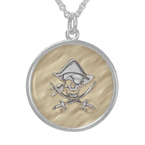 Silver Pirate Skull in the Sand Decor Sterling Silver Necklace