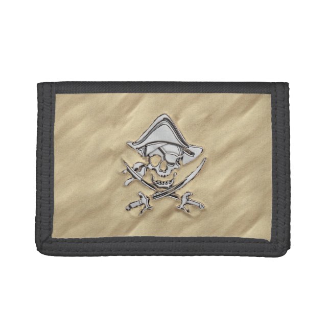 Silver Pirate Skull in the Sand Decor Tri-fold Wallet (Front)