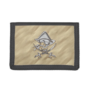 Silver Pirate Skull in the Sand Decor Trifold Wallet