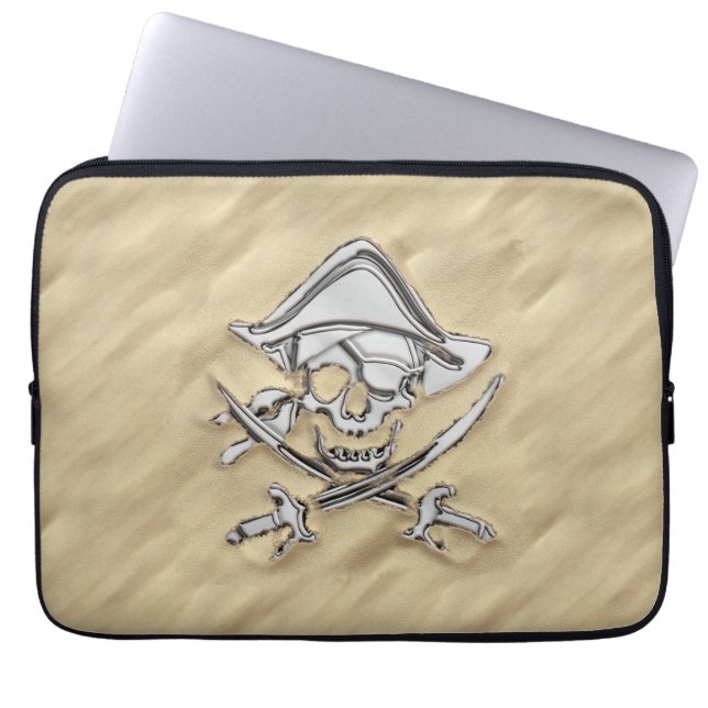 Silver Pirate Skull on the Beach Laptop Sleeve (Front)