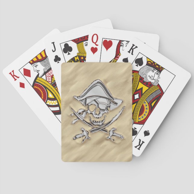 Silver Pirate Skull on the Beach Poker Cards (Back)