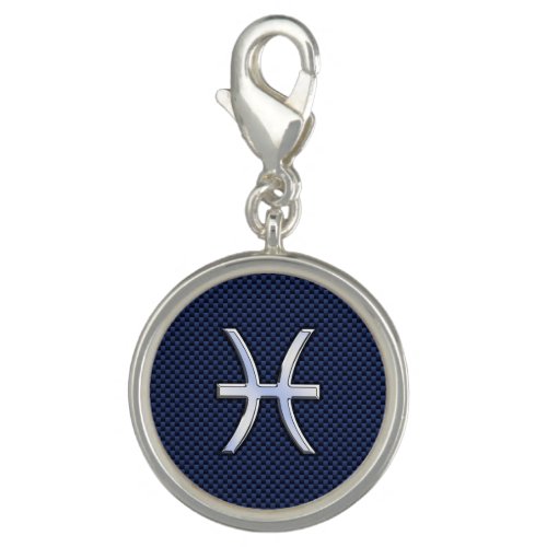 Silver Pisces Zodiac Sign Blue Carbon Fiber Print Charm