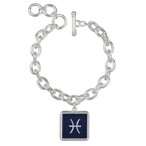 Silver Pisces Zodiac Sign Blue Carbon Fiber Print Charm Bracelet