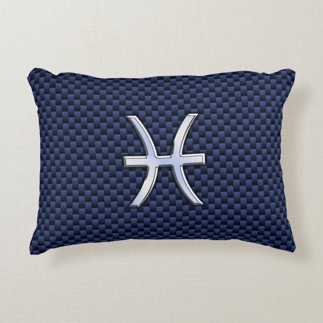 Silver Pisces Zodiac Sign Blue Carbon Fiber Print Decorative Pillow (Front)