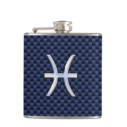 Silver Pisces Zodiac Sign Blue Carbon Fiber Print Flask