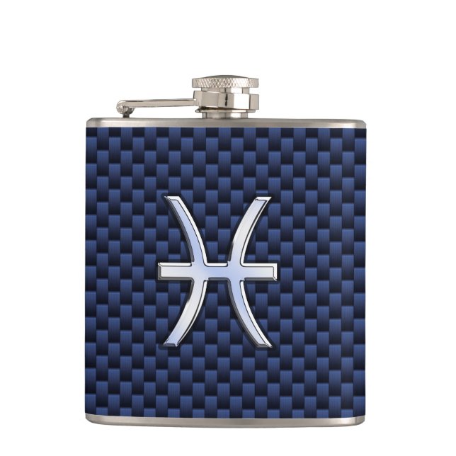 Silver Pisces Zodiac Sign Blue Carbon Fiber Print Flask (Front)