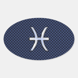 Silver Pisces Zodiac Sign Blue Carbon Fiber Print Oval Sticker