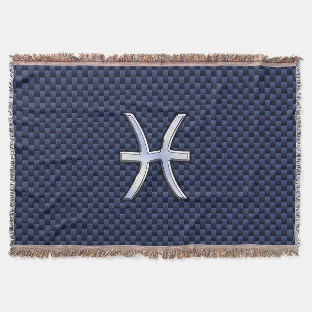Silver Pisces Zodiac Sign Blue Carbon Fiber Print Throw Blanket (Front)