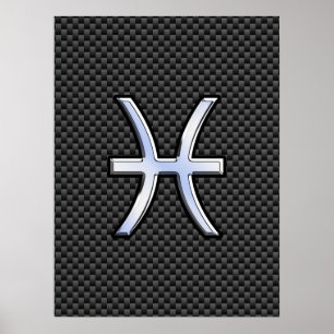 Silver Pisces Zodiac Sign on Carbon Fiber Print