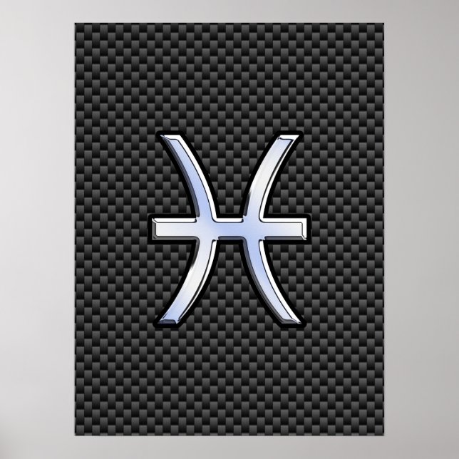 Silver Pisces Zodiac Sign on Carbon Fiber Print (Front)