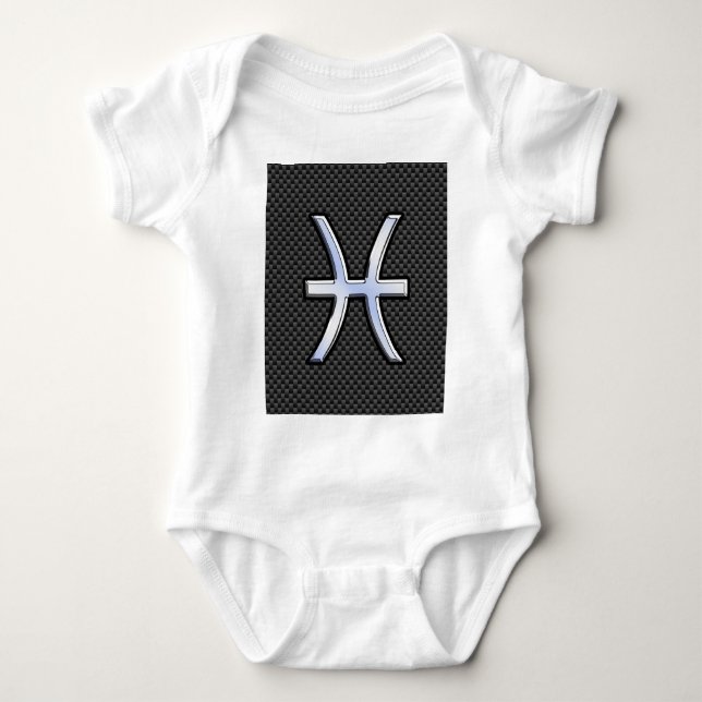 Silver Pisces Zodiac Sign on Carbon Fiber Print Baby Bodysuit (Front)