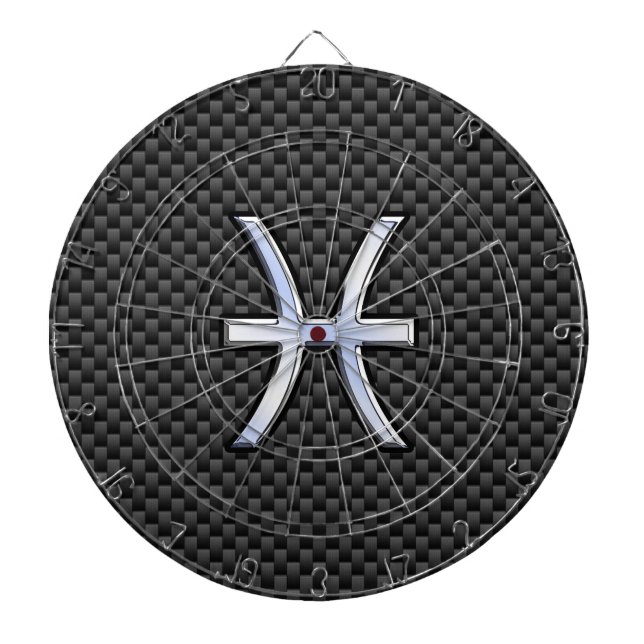 Silver Pisces Zodiac Sign on Carbon Fiber Print Dart Board (Front)