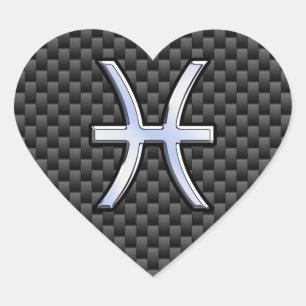 Silver Pisces Zodiac Sign on Carbon Fiber Print Heart Sticker