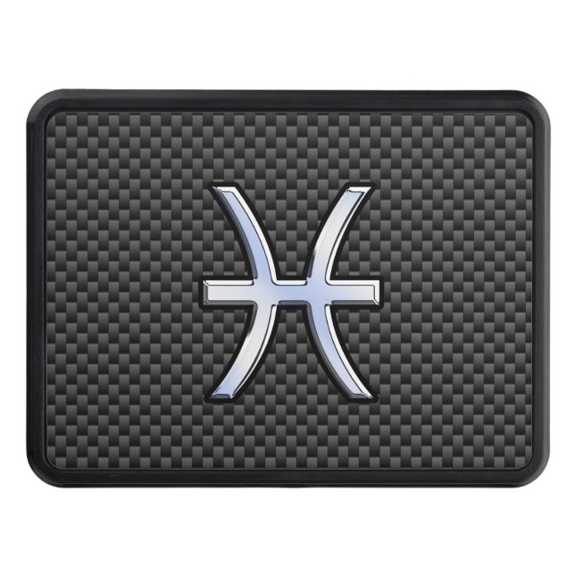 Silver Pisces Zodiac Sign on Carbon Fiber Print Hitch Cover (Front)