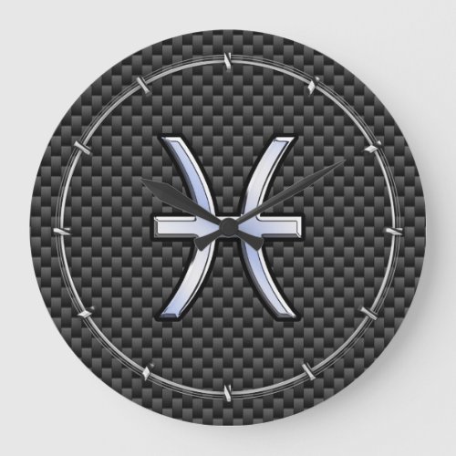 Silver Pisces Zodiac Sign on Carbon Fiber Print Large Clock