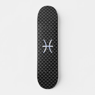 Silver Pisces Zodiac Sign on Carbon Fiber Print Skateboard Deck