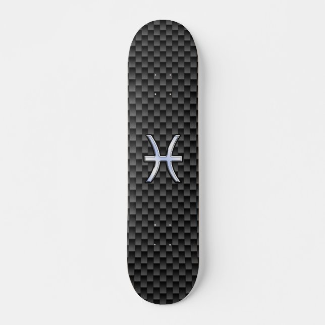 Silver Pisces Zodiac Sign on Carbon Fiber Print Skateboard Deck (Front)