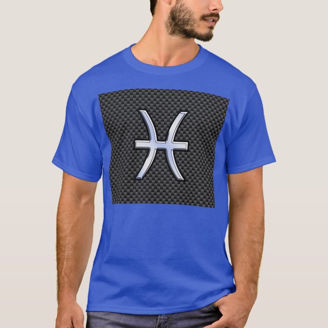 Silver Pisces Zodiac Sign on Carbon Fiber Print T-Shirt (Front)
