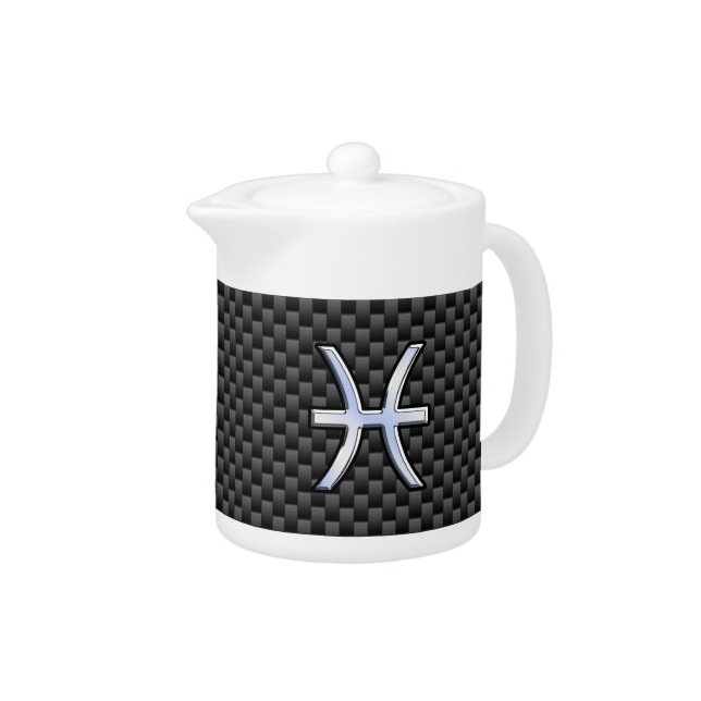 Silver Pisces Zodiac Sign on Carbon Fiber Print Teapot (Right)