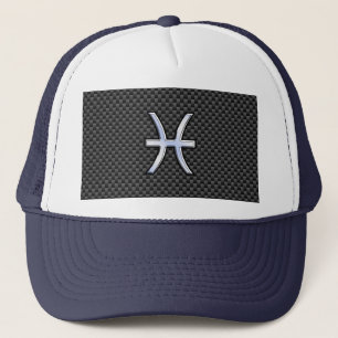 Silver Pisces Zodiac Sign on Carbon Fiber Print Trucker Hat