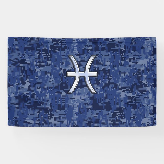 Silver Pisces Zodiac Symbol Navy Blue Digital Camo Banner (Horizontal)
