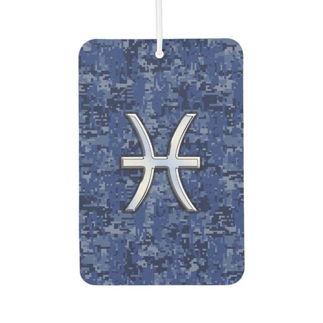 Silver Pisces Zodiac Symbol Navy Blue Digital Camo Car Air Freshener (Front)
