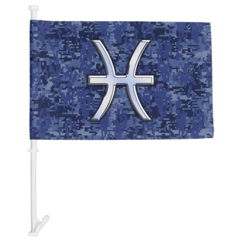 Silver Pisces Zodiac Symbol Navy Blue Digital Camo Car Flag