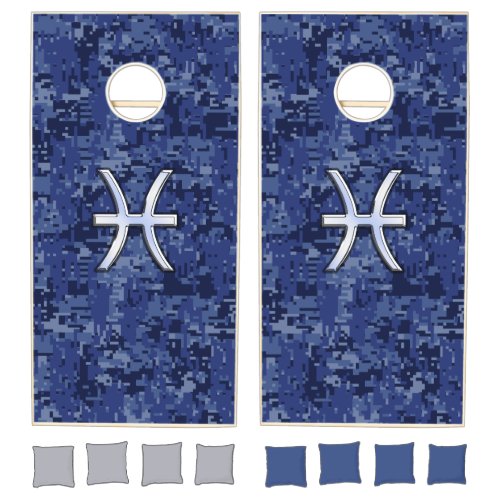Silver Pisces Zodiac Symbol Navy Blue Digital Camo Cornhole Set
