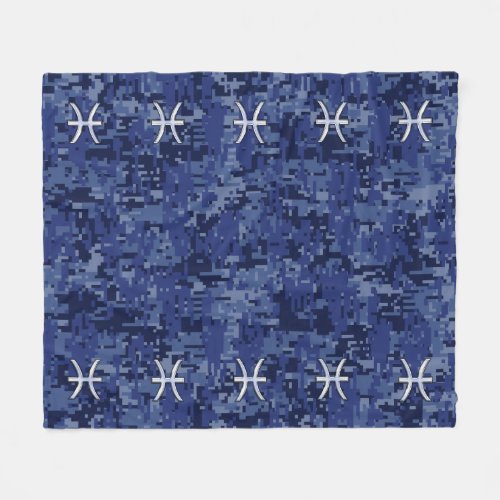 Silver Pisces Zodiac Symbol Navy Blue Digital Camo Fleece Blanket