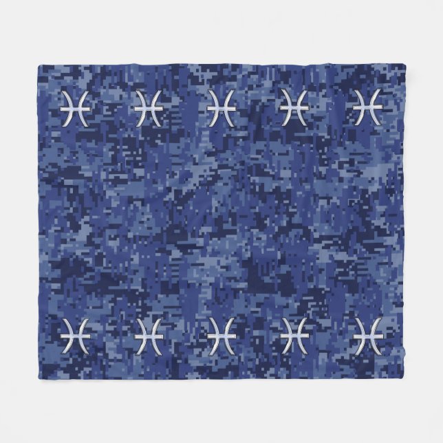 Silver Pisces Zodiac Symbol Navy Blue Digital Camo Fleece Blanket (Front (Horizontal))