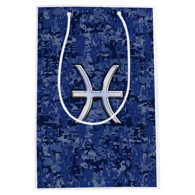 Silver Pisces Zodiac Symbol Navy Blue Digital Camo Medium Gift Bag (Front)