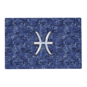Silver Pisces Zodiac Symbol Navy Blue Digital Camo Placemat