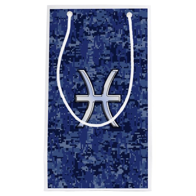 Silver Pisces Zodiac Symbol Navy Blue Digital Camo Small Gift Bag (Front)