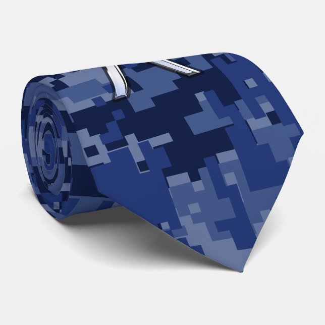 Silver Pisces Zodiac Symbol Navy Blue Digital Camo Tie (Rolled)